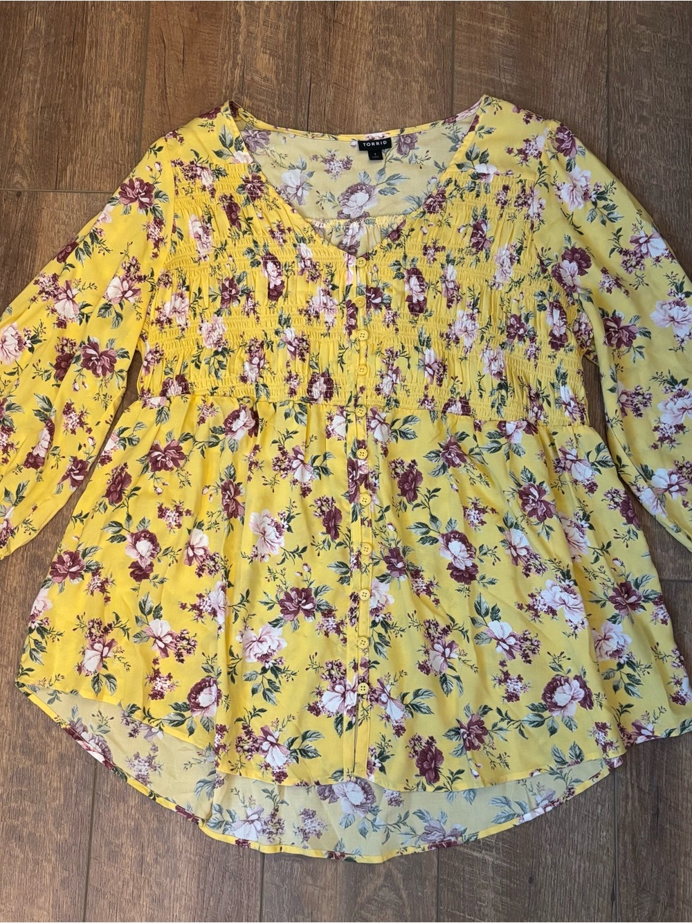 TORRID Yellow Floral Cottagecore Button-Front Smocked Blouse